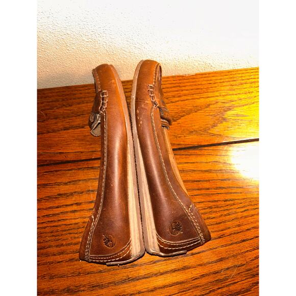 Timberland Preppy Distressed Boho Hippie Brown Fringe Leather Penny Loafers - Picture 6 of 12